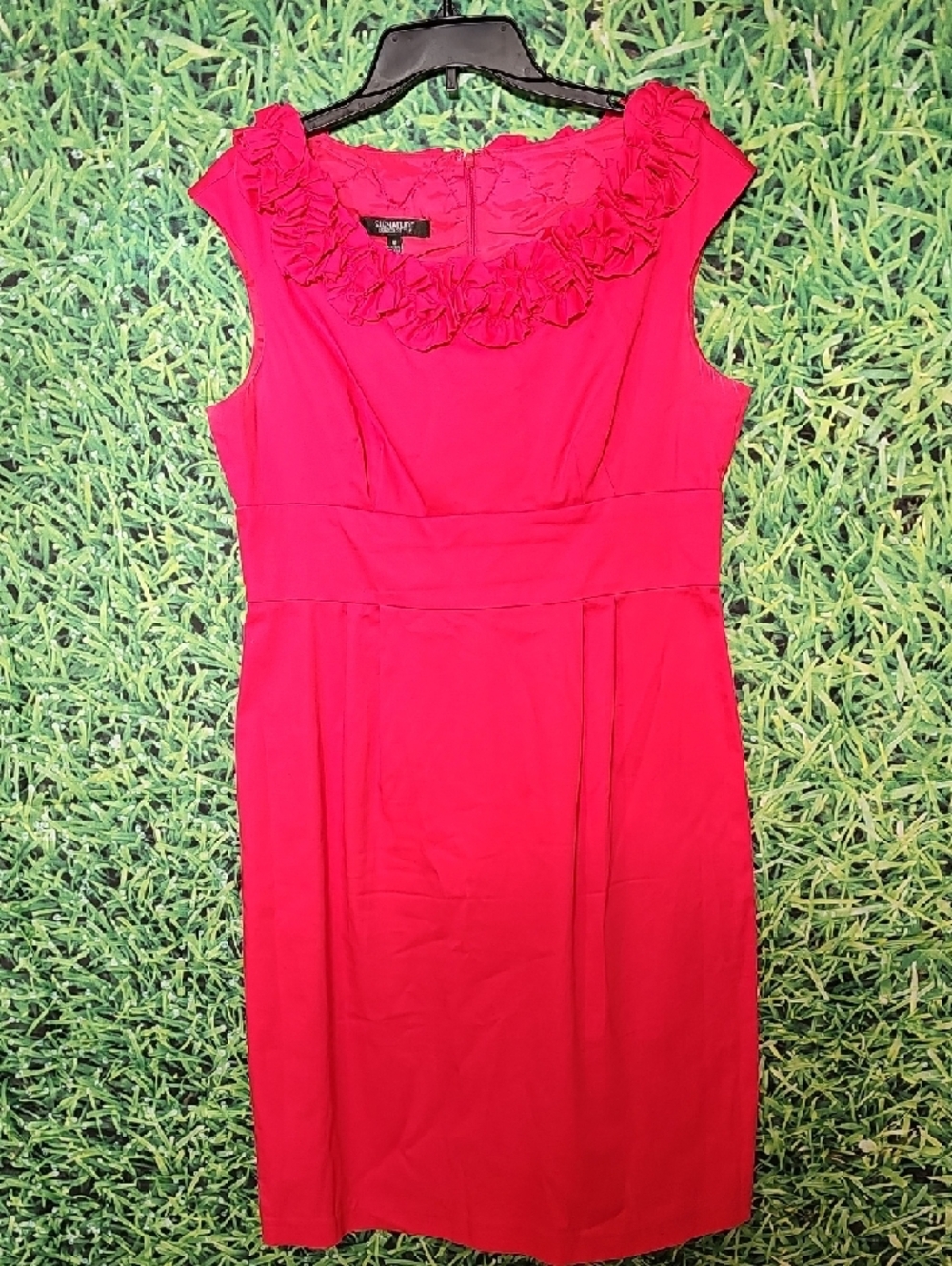 Signature Hot Pink Ruffle Neck Sheath Midi Dress - Picture 2 of 7